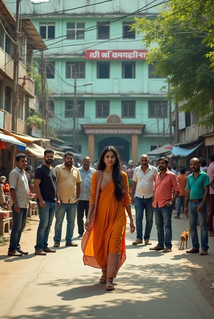 Some 7 male are standing on a road, it is a road and a female is going from there, there is a hospital behind and the girl is wearing clothes and Some men are harassing the girl and making fun of her. The environment is indian 