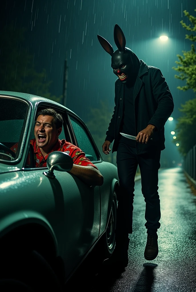 
Man in red Hawaiian shirt being attacked by a killer in a rabbit mask wearing black clothes and brown shoes with a knife inside the car on a dark street 