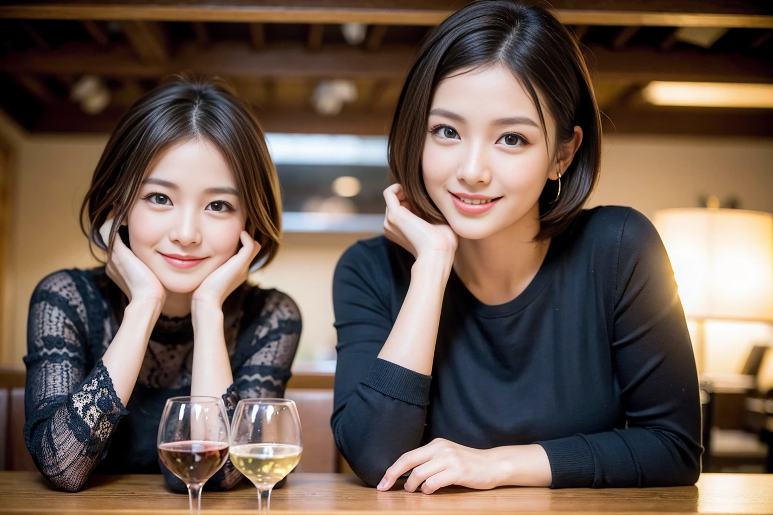 ((Highest quality、8k、masterpiece:1.3))、slimカップル、modelカップル、(Realistic, Intricate details:1.2), sashimi、Tempura、Japanese sake、Shochu 、Amazing view of the sunset sky and clouds、A bright smile、The wonderfulness of smile、Bright image、The beauty of wine, Beautiful Face, blue eyes, The light shines on your face, blush, short hair,Bright Face、 (Age 37), 39 years old, sparkling wine、Two beauties、Brown Hair、Shortcuts、Long sleeve shirt、dress、Beautiful woman 1, (slimな顔), (The body is slim), (Brown Hair), (Shortcuts), cheeks turn a little red,Attractive beauty、restaurant, In a prominent place (From the waist up) Nova Frog Style, actress, model, Upper Body, White wine, slim, smile, (smile: 1.15), Beautiful fine grain, Depth f/2,saturation, High Contrast, Strong light and shadow,Moist Body:1.5、3D texture、Delicate eyes、Brown Hair、The hair is very shiny、
