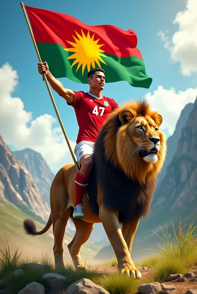 draw a picture that includes footballer Cristiano Ronaldo and lion
 with colour of red, yellow and green. Kurdistan Federal Govermant's flag will be on hands of Ronaldo. Ronaldo's number will be 47 and Ronaldo will ride lion
