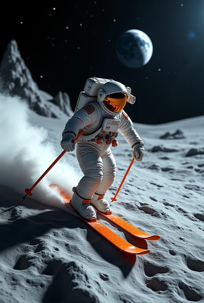 An astronaut sliding down a lunar hill on a pair of skis, kicking up lunar dust as it gracefully glides across the surface.