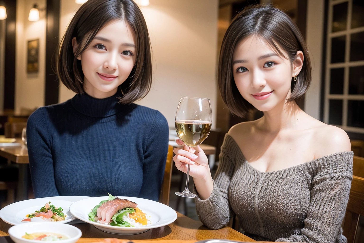 ((Highest quality、8k、masterpiece:1.3))、slimカップル、modelカップル、(Realistic, Intricate details:1.2), sashimi、Tempura、Japanese sake、Shochu 、Amazing view of the sunset sky and clouds、A bright smile、The wonderfulness of smile、Bright image、The beauty of wine, Beautiful Face, blue eyes, The light shines on your face, blush, short hair,Bright Face、 (Age 37), 39 years old, sparkling wine、Two beauties、Brown Hair、Shortcuts、Long sleeve shirt、dress、Beautiful woman 1, (slimな顔), (The body is slim), (Brown Hair), (Shortcuts), cheeks turn a little red,Attractive beauty、restaurant, In a prominent place (From the waist up) Nova Frog Style, actress, model, Upper Body, White wine, slim, smile, (smile: 1.15), Beautiful fine grain, Depth f/2,saturation, High Contrast, Strong light and shadow,Moist Body:1.5、3D texture、Delicate eyes、Brown Hair、The hair is very shiny、