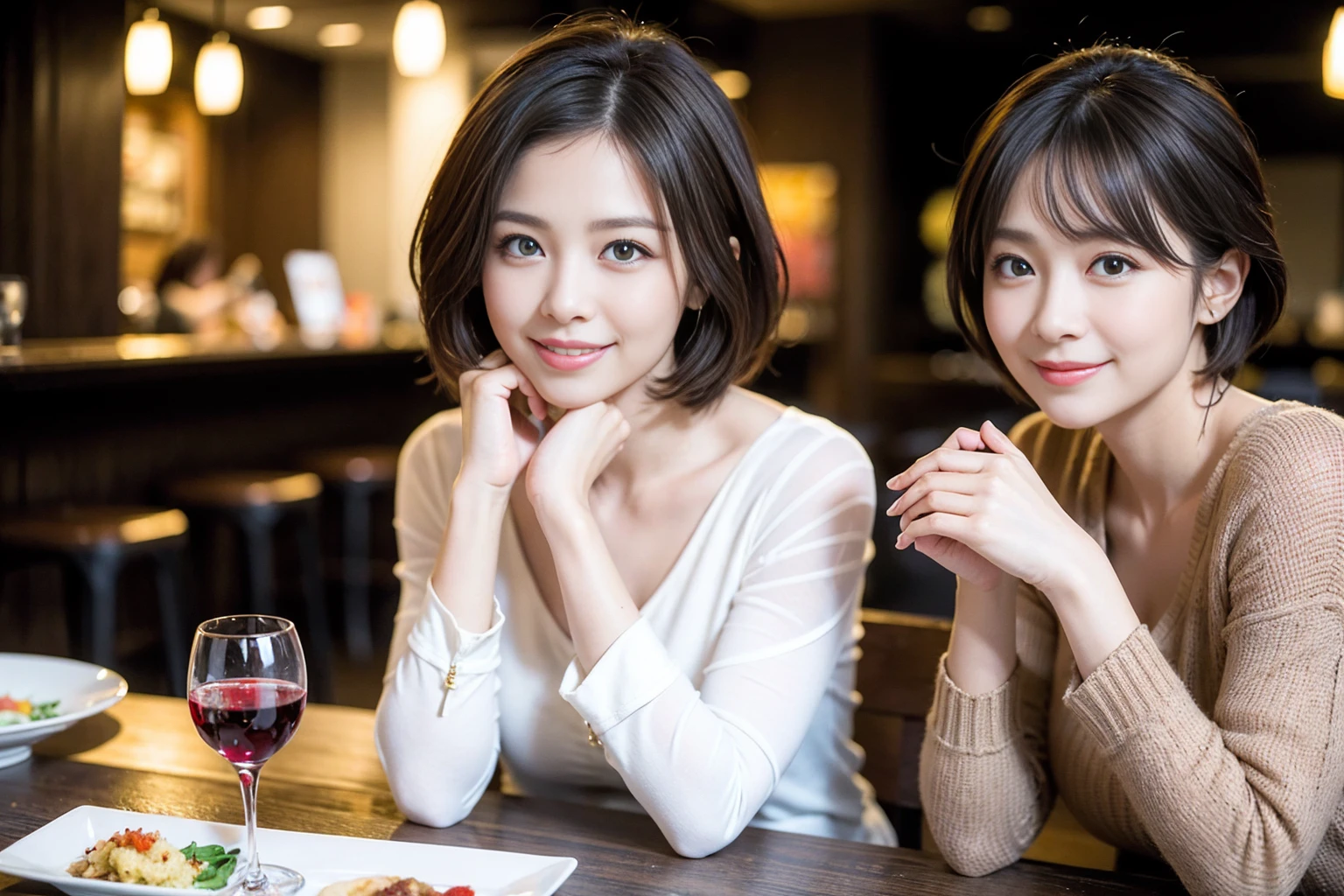 ((Highest quality、8k、masterpiece:1.3))、slimカップル、modelカップル、(Realistic, Intricate details:1.2), sashimi、Tempura、Japanese sake、Shochu 、Amazing view of the sunset sky and clouds、A bright smile、The wonderfulness of smile、Bright image、The beauty of wine, Beautiful Face, blue eyes, The light shines on your face, blush, short hair,Bright Face、 (Age 37), 39 years old, sparkling wine、Two beauties、Brown Hair、Shortcuts、Long sleeve shirt、dress、Beautiful woman 1, (slimな顔), (The body is slim), (Brown Hair), (Shortcuts), cheeks turn a little red,Attractive beauty、restaurant, In a prominent place (From the waist up) Nova Frog Style, actress, model, Upper Body, White wine, slim, smile, (smile: 1.15), Beautiful fine grain, Depth f/2,saturation, High Contrast, Strong light and shadow,Moist Body:1.5、3D texture、Delicate eyes、Brown Hair、The hair is very shiny、
