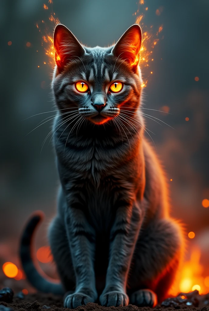 A cat with flames coming out of both eyes