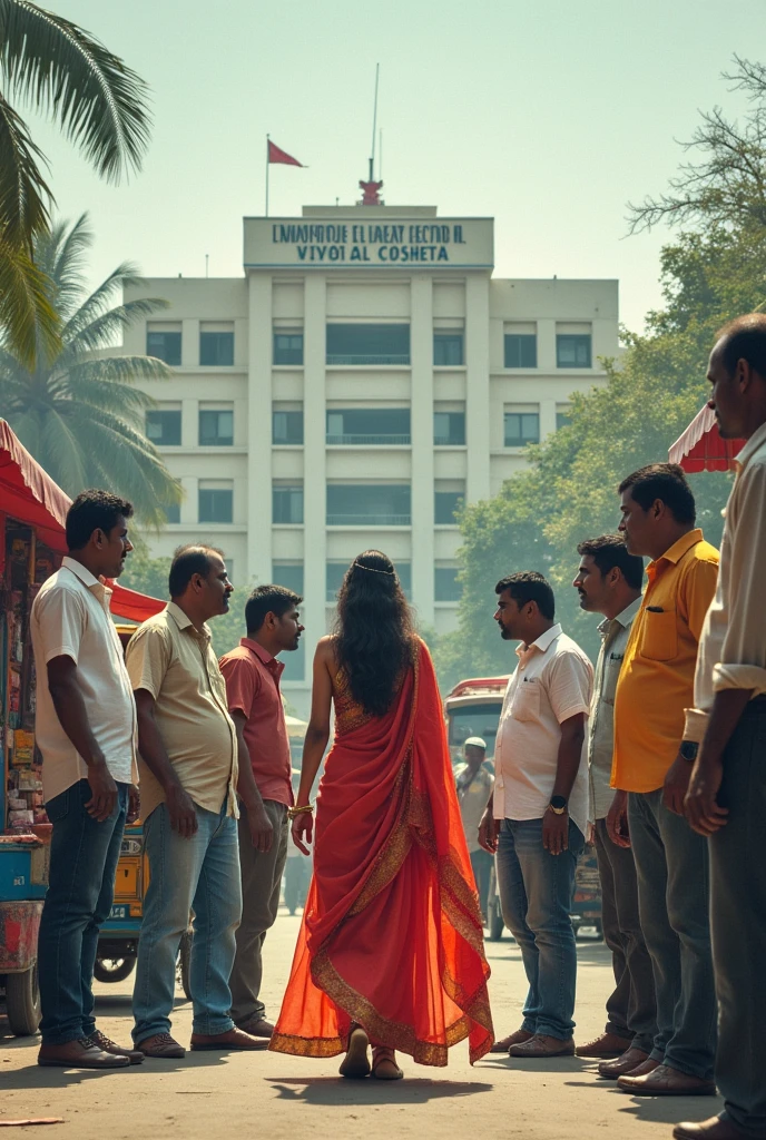 Some 7 male are standing on a road, it is a road and a female is going from there, there is a hospital behind and the girl is wearing clothes and Some men are harassing the girl and making fun of her. The environment is indian