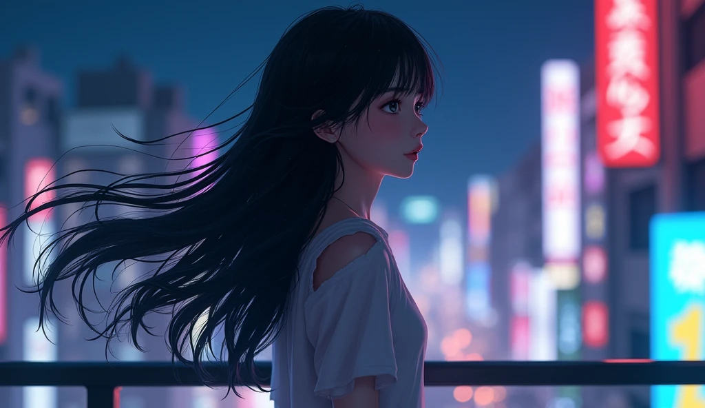 (best quality, masterpiece, ultra detailed, ultra high res, photorealistic, raw photo, absurdres, absolutely resolution), A teenage Japanese female idol is blowing in the wind on a balcony at night. The camera captures her hair blowing in the wind in slow motion.