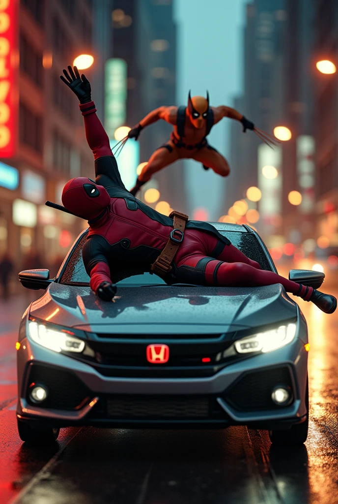(photorealism:1.2), (HDR quality), (realism size), (perfect pose) deadpool is on top the civic car he is laydown and holding at the civic rooftop(one hand is raised his 5 fingers), thecar run so fastly, at nights orange colored streetlights, at newyork city, wolverine chasing him behind jumping highly.