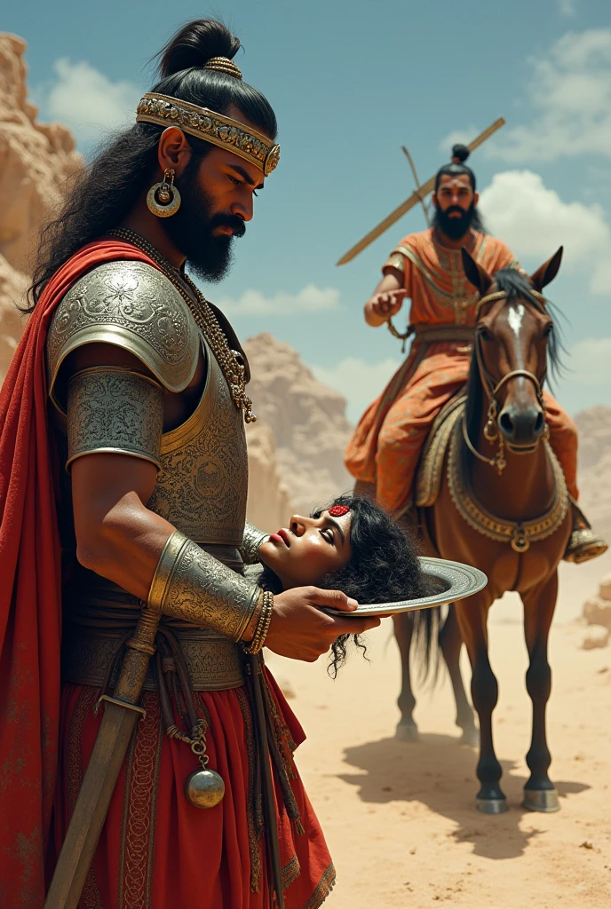 A rajput warrior is holding A severed head of a beautiful hindu rajput princess in a plate in front of hindu king ( who is sitting on the horse and looking very aggressive)