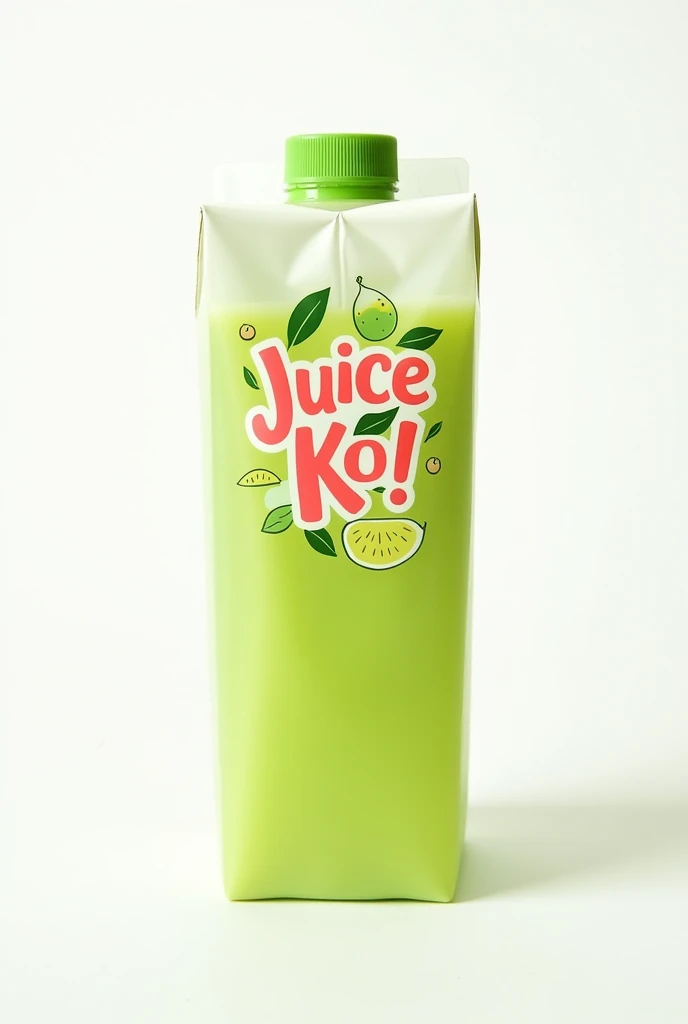 A sleek, modern paper cartoon container with a transparent label showcasing the product information, standing upright on a minimalist white background, filled to the brim with 325ml of vibrant, Guava juice flavor, its creamy light green color glistening in the subtle lighting, with the brand name 'Juice Ko!' emblazoned in bold, playful, cursive script with rounded edges, in a deep coral pink hue, adorned with tiny, illustrations of guyabano leaves and fruits, surrounded by a thin, white outline, adding a touch of whimsy and fun to the overall design.