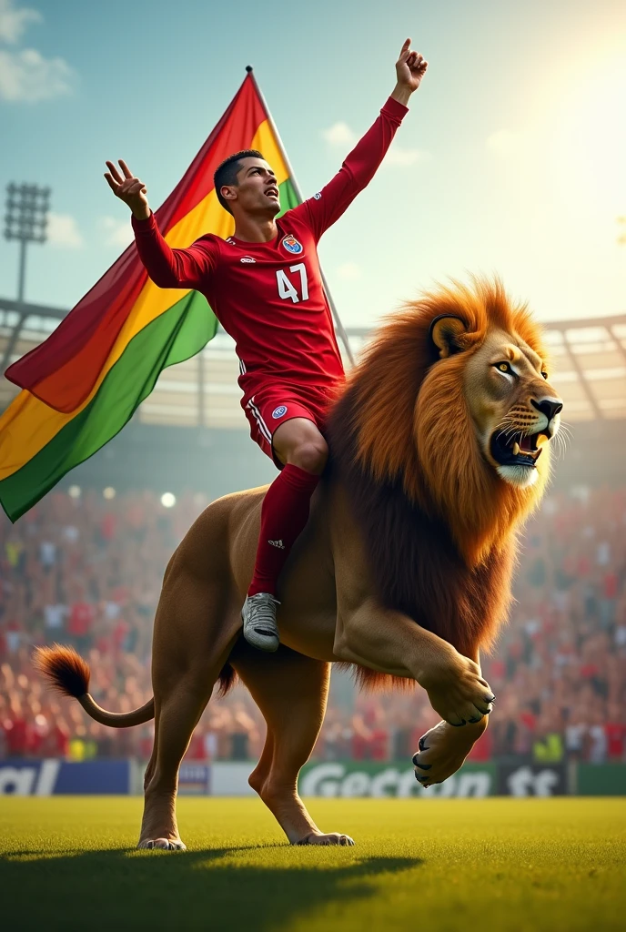 draw a picture that includes footballer Cristiano Ronaldo and lion
 with colour of red, yellow and green. Kurdistan Federal Govermant's flag will be on hands of Ronaldo. Ronaldo's number will be 47 and Ronaldo will ride lion