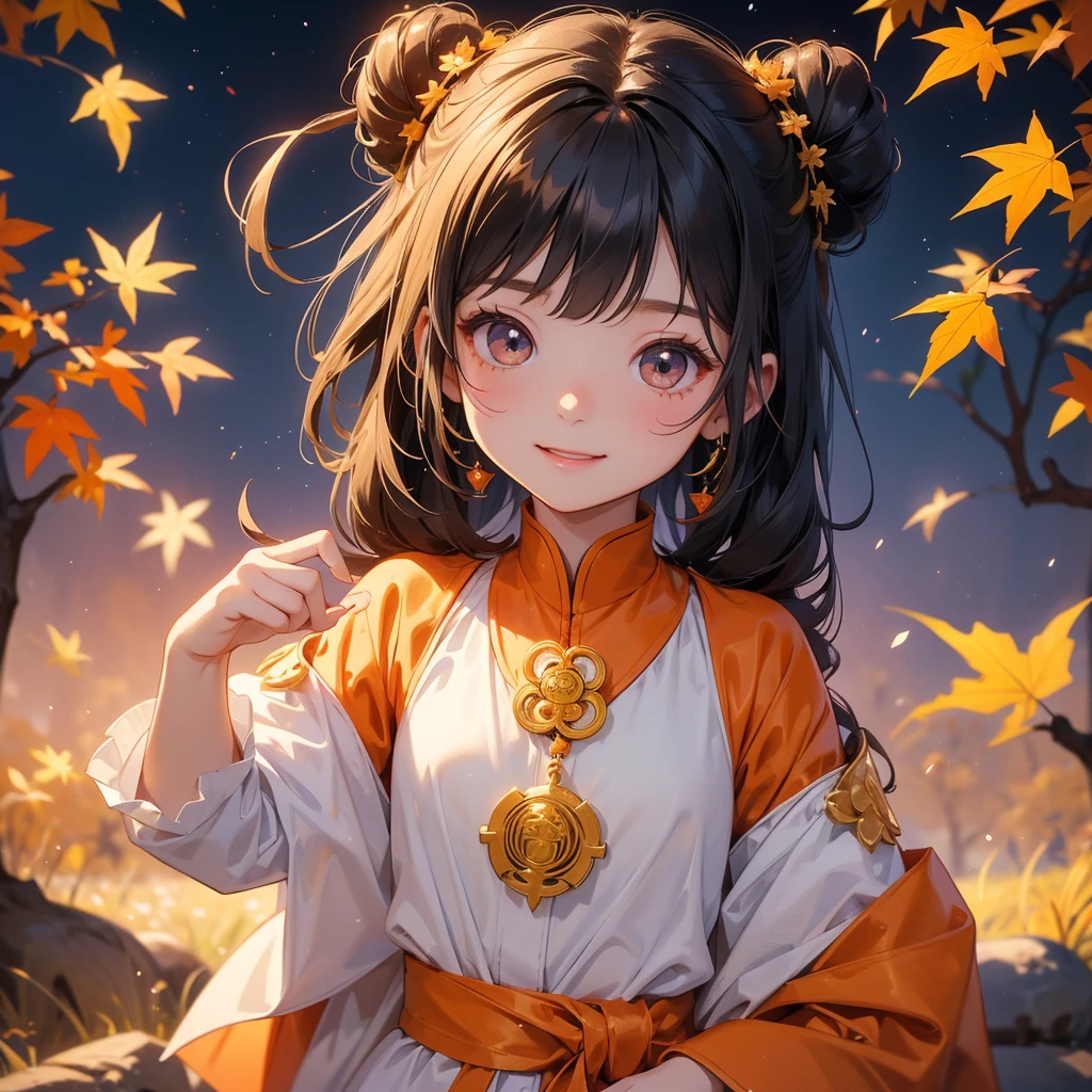 A chibi child girl had a small face and Wearing a white little Taoist priest's outfit. A pair of big round eyes shone with curiosity about him. This child was so cute!, Burning joss paper and gold paper for the departed spirits, her hair is black with two buns on her hair.small chibi, chibi baby, smiling.
The little chibi baby looked up with his chest raised, and his face was old and proud.
The backdrop is a mountain that turns orange-red in spring, and maple leaves fall from the trees.