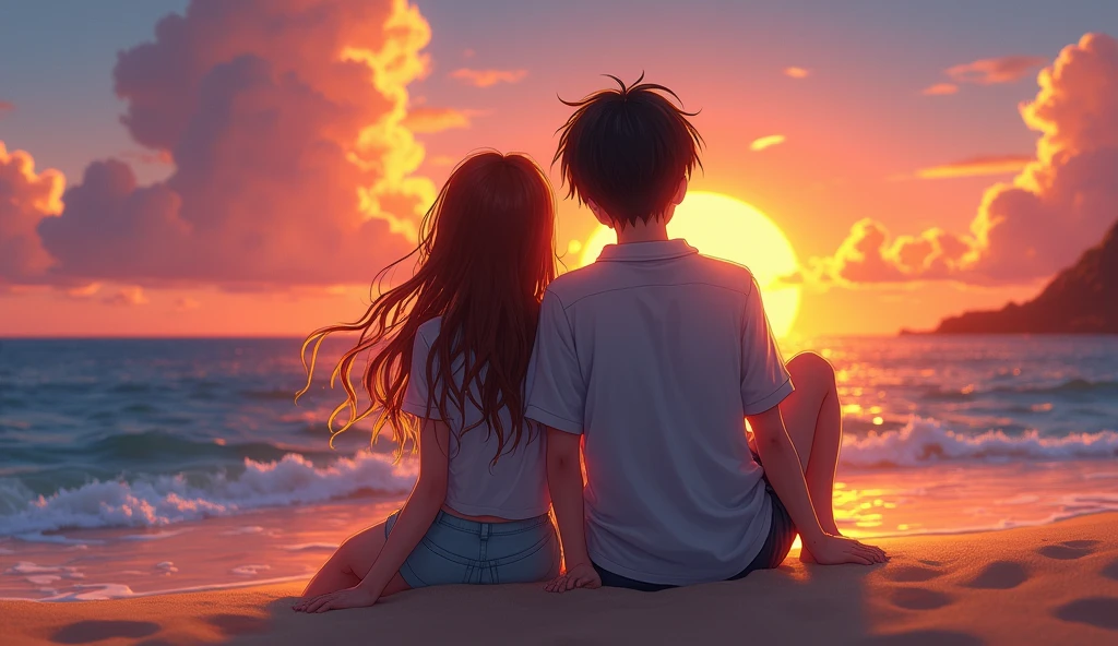 (best quality, masterpiece, ultra detailed, ultra high res, photorealistic, raw photo, absurdres, absolutely resolution), A teenage Japanese male idol and a teenage Japanese female idol are sitting on the beach at dusk again. The camera pulls back over their backs towards the sunset.