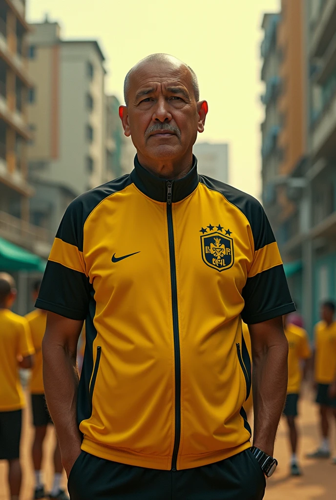 A Brazilian football coach, movie poster style , movie  theater , tratamento da imagem com efeitos de cartaz de movie  theater 
 , Cao Cao , with 50 years , shaved head , light tan , with yellow and black tracksuit , urban country writing , in a football school training environment , 3d style 8k
