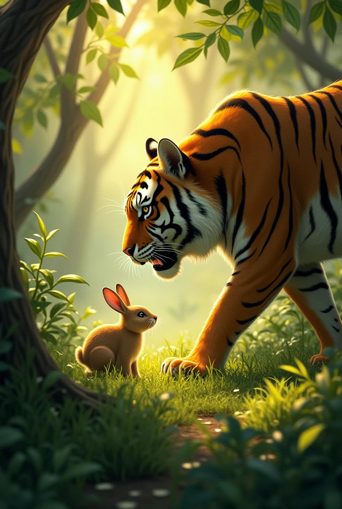 Moti Saving a Rabbit:**
- Moti, now invisible, uses his power to save a rabbit from a tiger. The tiger looks confused as the rabbit is whisked away to safety.