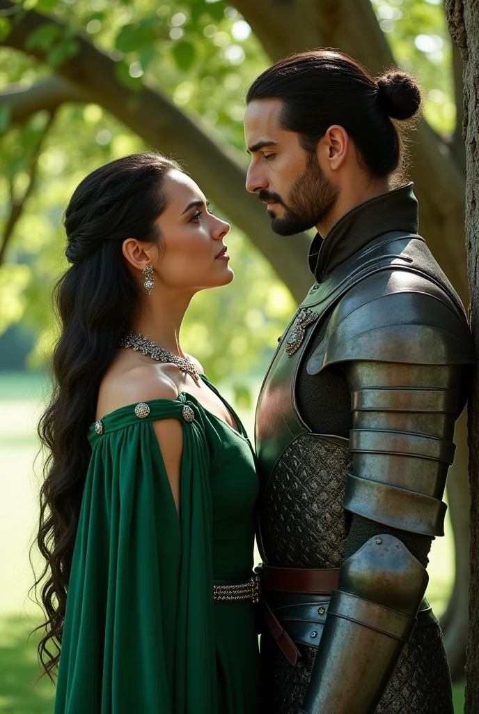Alys Rivers in beautiful middleage green dress. She's a westeros witch and standing by Aemond Targaryen under the Whitetree.