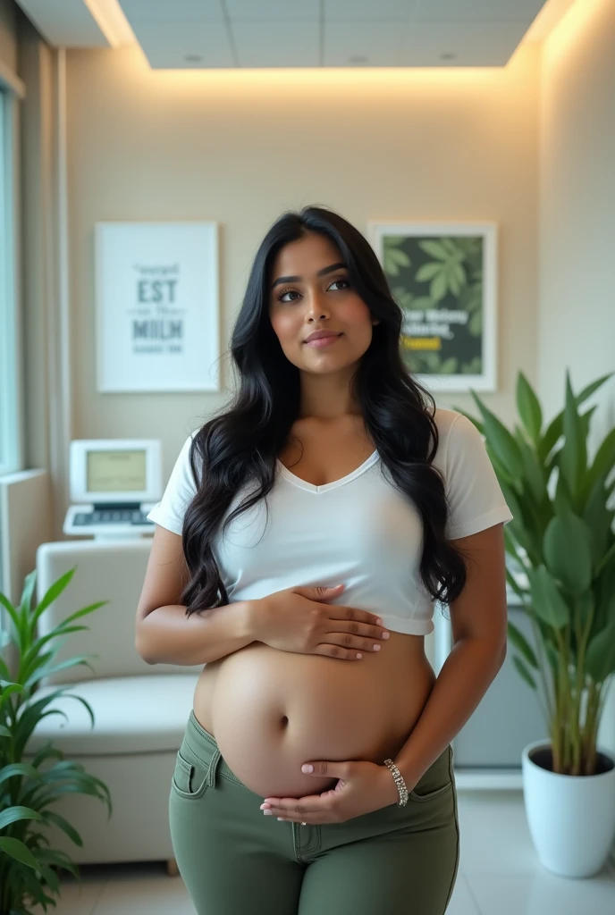 An indian woman not pregnant touching her big belly fat with both hands who wants to become slim through clinic treatment 