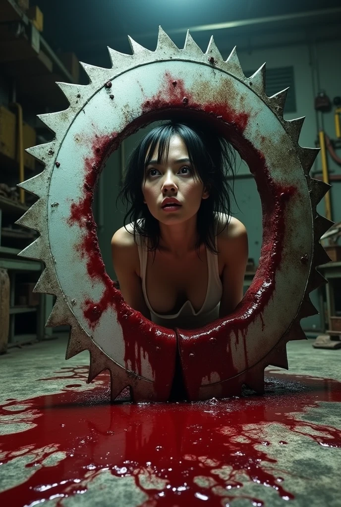 
Woman cut in two by a saw and covered in blood