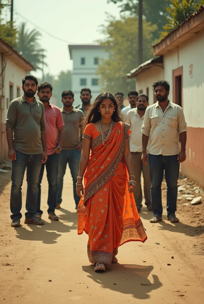 Some 7 male are standing on a road, it is a road and a female is going from there, there is a hospital behind and the girl is wearing clothes and Some men are harassing the girl and making fun of her. The environment is indian