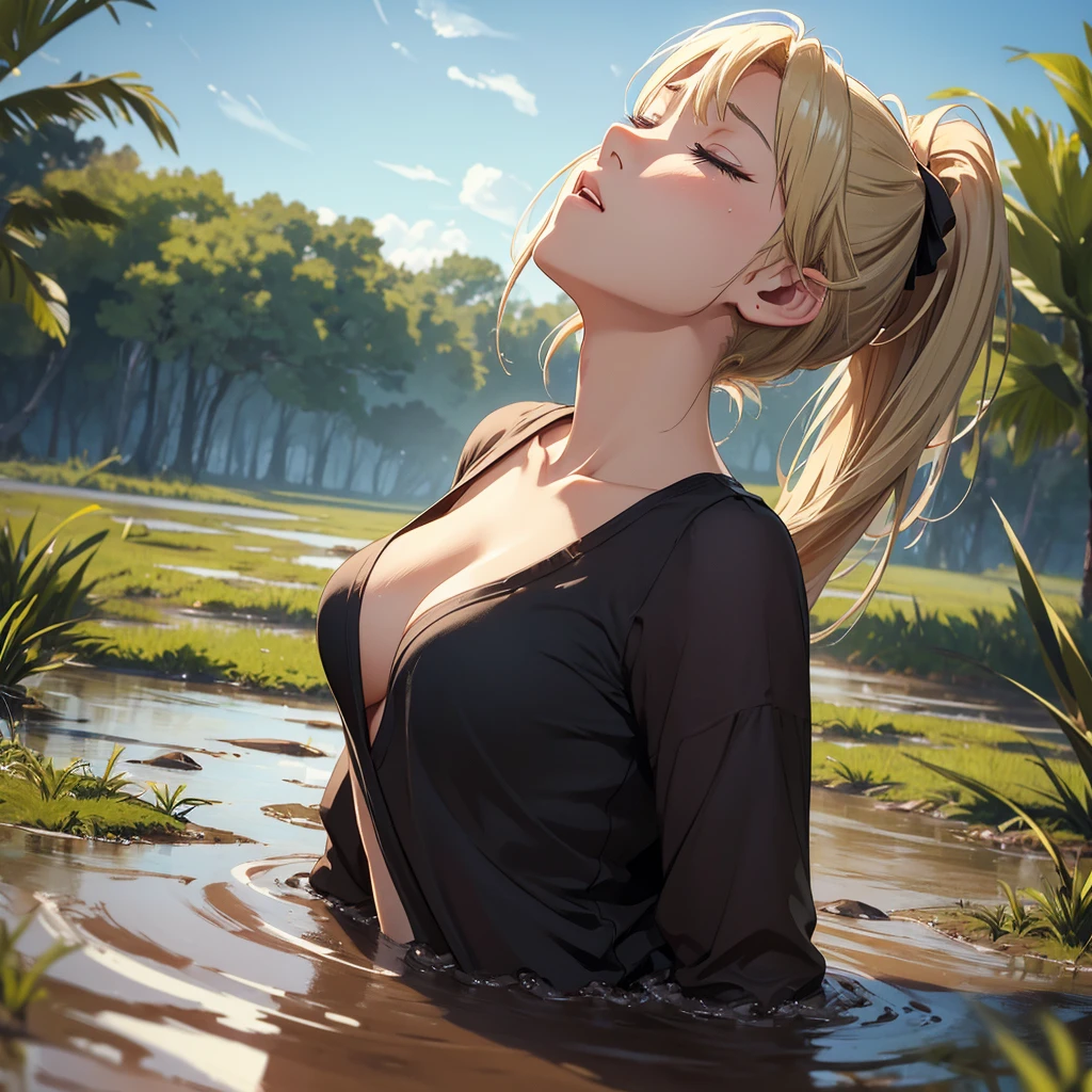 1girl, solo:1.5, masterpiece, best quality, high res, highly detailed, (illustration), beautiful detailed eyes, yuigahama yui, blonde hair ponytail, glossy lips, light makeup, orgasm, (looking up to the sky:1.5), (mouth open:1.2), intimate moment, black tank top, cleavage, (quicksand:1.4), (submerged up to her torso), (from side:1.4), bog, swamp, grass, trees, (eyes closed:1.3), gasping expression,