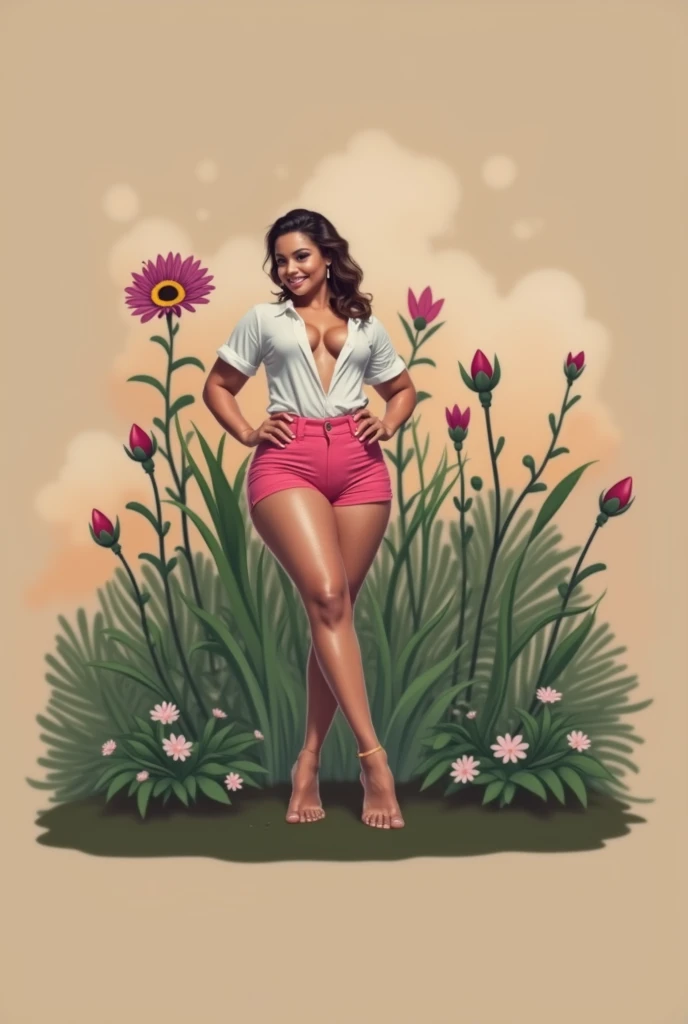 there is a woman in pink shorts and a white shirt posing for a picture, thicc, thick body, is wearing a swimsuit, angelawhite, busty, wearing tight shirt, wide hips, curvy, sweaty 4 k, thick thigs, thick, tight shirt, pawg, wet t-shirt, dressed in a top and shorts, thick thighs