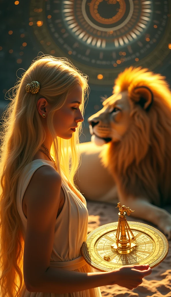 A blonde woman, Magic Golden Leo astrolabe，Yellow-haired people，Next to the lion.