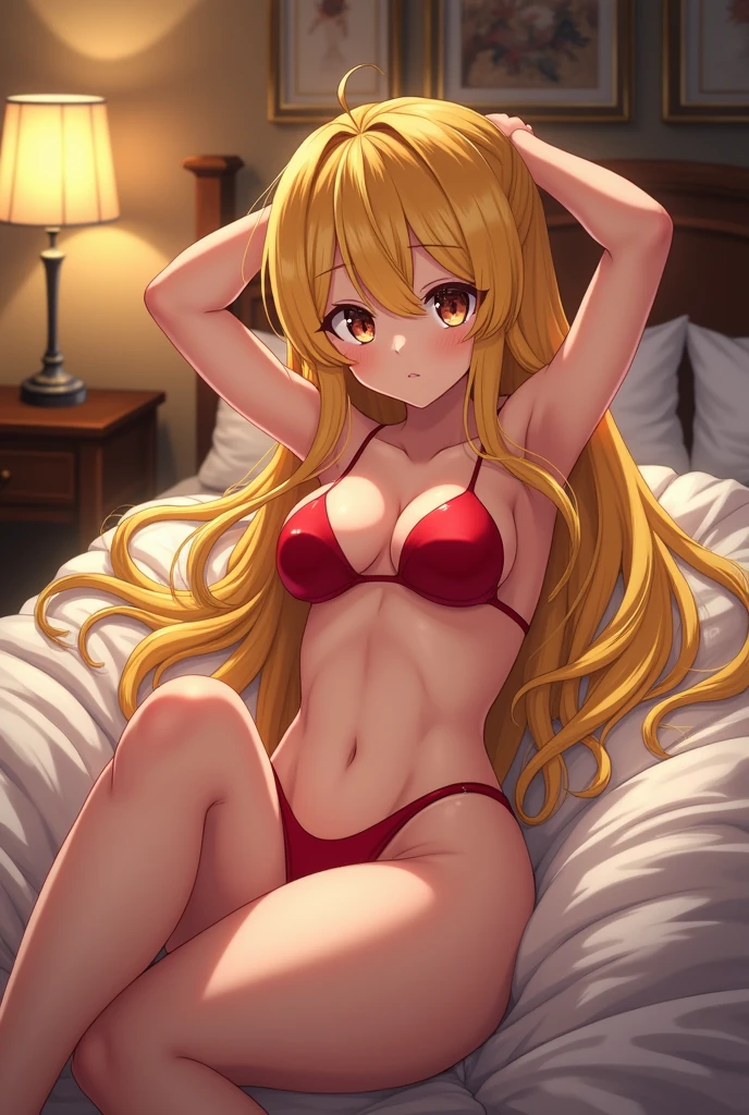 (photorealism:1.2),sexy anime girl, lying on bed, , bikini red,yelow hair,raise both arms and legs,big ass