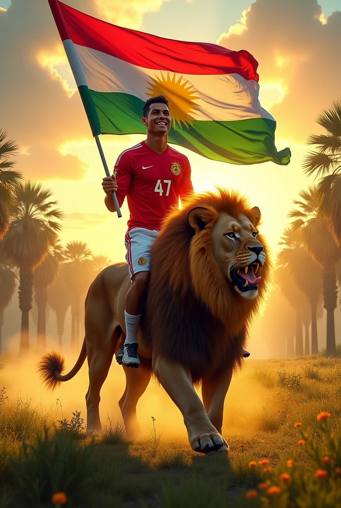 draw a picture that includes footballer Cristiano Ronaldo and lion
 with colour of red, yellow and green. Kurdistan Federal Govermant's flag will be on hands of Ronaldo. Ronaldo's number will be 47 and Ronaldo will ride lion