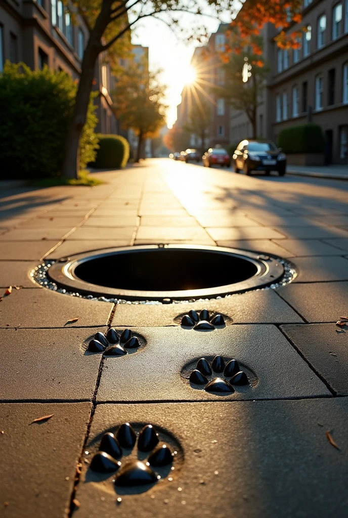 
Wet cat paw prints appear on dry asphalt, leading in a straight line down a sidewalk. The trail of paw prints ends at an open manhole in the middle of the sidewalk, suggesting that the cat may have jumped inside