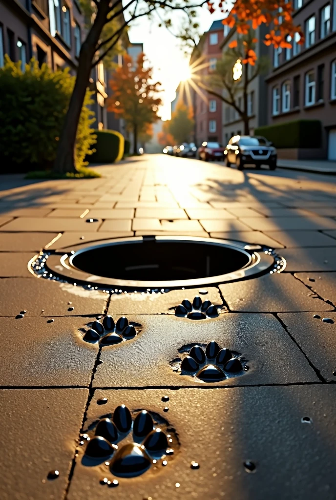 Wet cat paw prints appear on dry asphalt, leading in a straight line down a sidewalk. The trail of paw prints ends at an open manhole in the middle of the sidewalk, suggesting that the cat may have jumped inside
