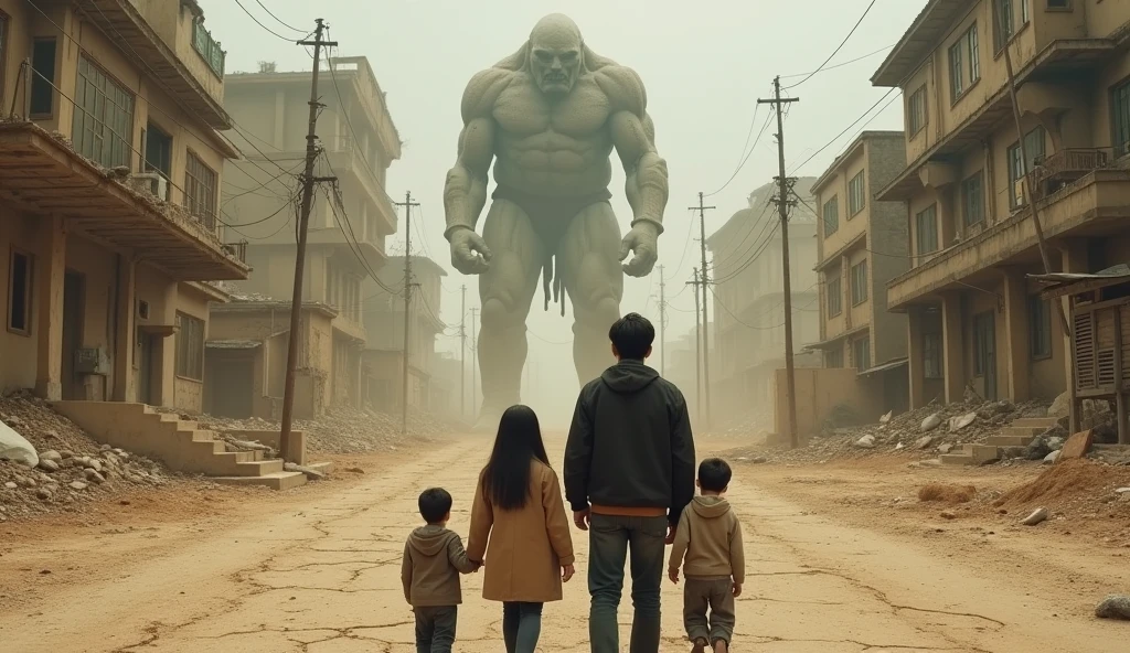 The image shows an overhead view of a korean family of four standing on a cracked, desolate sandy street under a giant shadow. The family, consisting of a father, mother, and two children, looks up towards the camera. The father, dressed in a dark jacket, is carrying the youngest boy child in his arms, while the mother, wearing a light brown jacket, stands beside them holding the oldest son's shoulder. The atmosphere is ominous, with dark shadows and debris scattered in the air, adding to the sense of danger and foreboding. The background shows a city in decay, with dilapidated buildings and a barren landscape. Large, dark strokes, possibly representing wind or sound effects, are drawn across the image, amplifying the tension and unease.