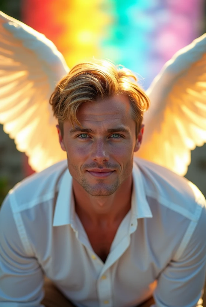 Blonde,White,Handsome young man in his 30s,Mysterious Face,Blue eyes that seem to be sucked in,Angel&#39;s wing,Enlarged image from above,A white shirt shows off your pectoral muscles,Hair is a little longer,No beard.,Kind Face,Healing Face、Facing forward and looking at the camera,Plump Cheeks,There is a rainbow in the background,Broad shoulders,Smiling a little