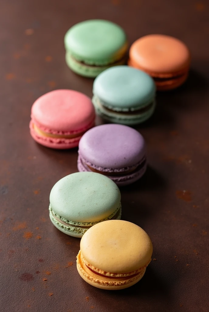 Colorful macarons on a brown and black background. Look at it from 45 degrees above with a little space. Macarons don't need to be shiny.