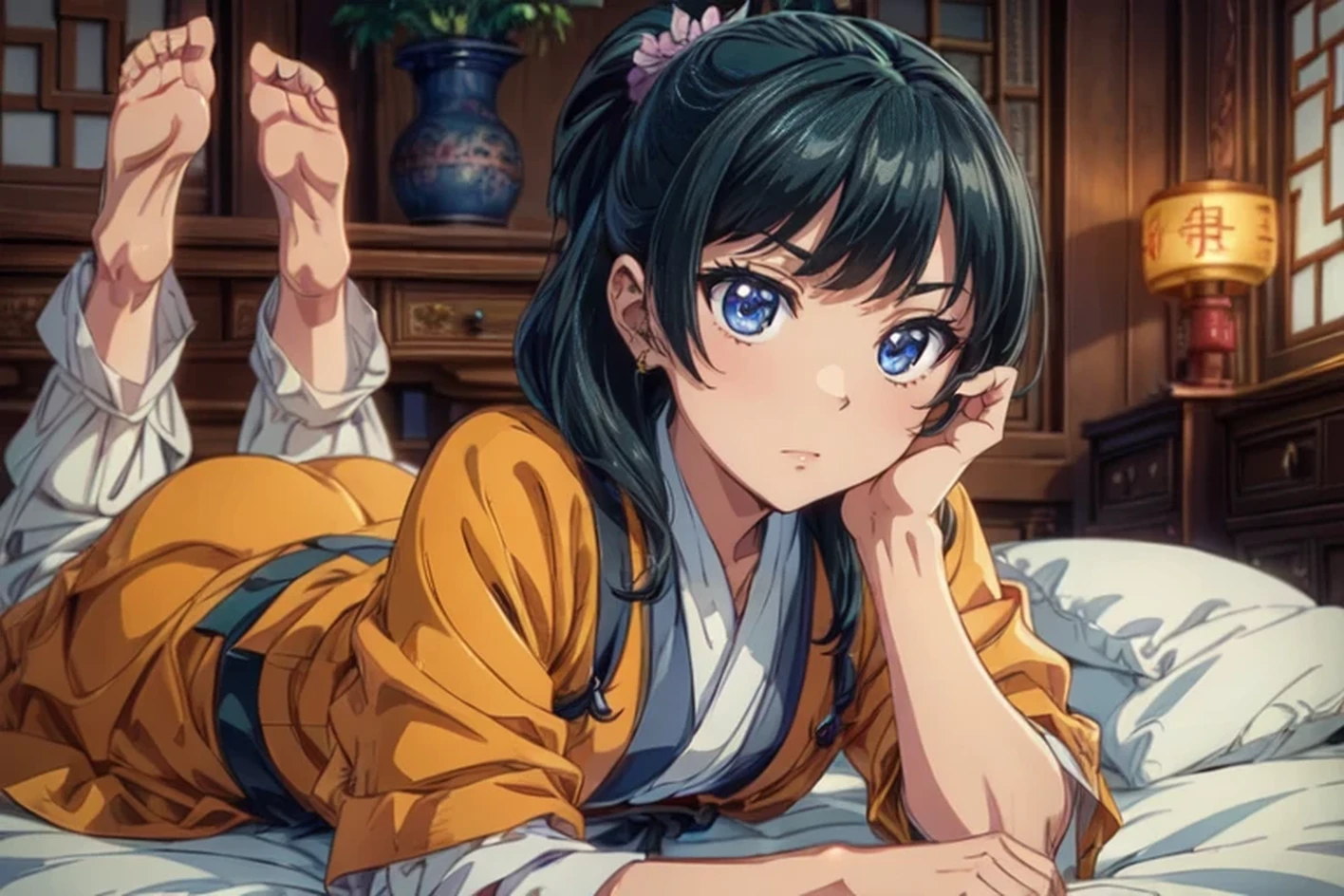 (Masterpiece, High Quality, Top quality, High-Detailed, Detailed CG, Cinematic Shadow, Cinematic Scene, Beautiful Detailed Eyes, Ultra Resolution, Depth of Field, High Resolution, Masterpiece: 1.2), Anime Art style, Very Detailed, Dynamic Angle,  Style, Detailed Green Hair, Detailed Blue Eyes, Purple Eye, Slim Body, Sparkling Eyes, Sparkling Detailed Eyes, Hair Accessory, Earrings, Slightly Blunt Bangs, Looking at the Audience, Cute, Five Finger, (Angry Expression:1.2), (Chinese Flower Pattern), (Chinese Underwear: dudou [Bellyband], [Pocket], [pocket]), (moxiong [Tube Top]), (Waxiong [Stockings]), (Lanqun [Skirt]), (Hehuan Lanqun [Hibiscus Skirt]), lingerie, Underwear, Good Composition, Legs, Feet, Wet, Water, Thighs, Small Breasts, Small Size Breasts, Blur Background, Chinese Architectures