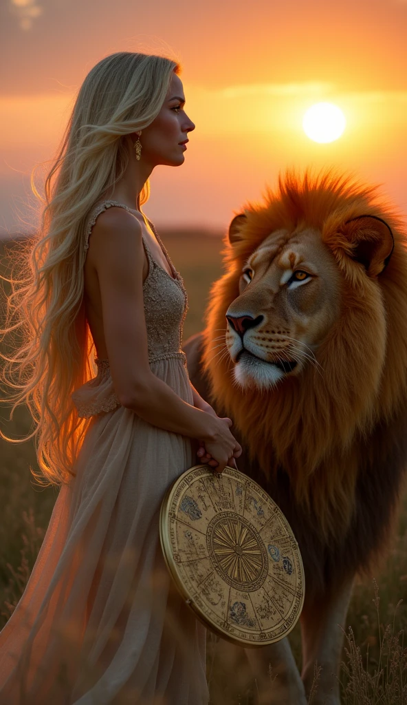 A blonde woman, Magic Golden Leo astrolabe，Yellow-haired people，Next to the lion.