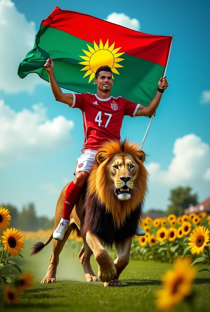 draw a picture that includes footballer Cristiano Ronaldo and lion
 with colour of red, yellow and green. Kurdistan Federal Govermant's flag will be on hands of Ronaldo. Ronaldo's number will be 47 and Ronaldo will ride lion