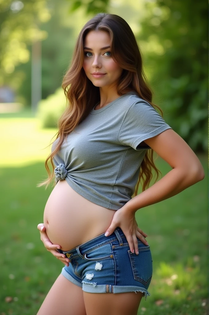 A beautiful Full girl with blue eyes long hairs wearing a shirt
Gray and short blue ,large size
Breasts tits are visible from the shirt and showing belly