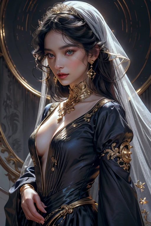 lamplight, Close-up cleavage, beautiful woman, gold eyes, (Detailed eyes, The eyes are bright:1.2), Long black hair, pale-skinned, earrings, medium skin, dark blue dress, Meticulous clothes, golden accessories on clothes, dark blue flowers (perfect anatomia:1.2), Highqualityshadow, natural  lightting, (White highlights:1.2),overcast day, (starrysky:1.2), (shining)