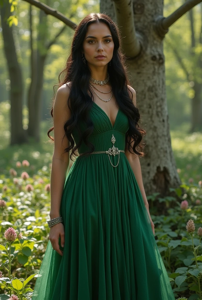 Alys Rivers in beautiful middleage green dress. She's a westeros witch and she's standing under the Whitetree.