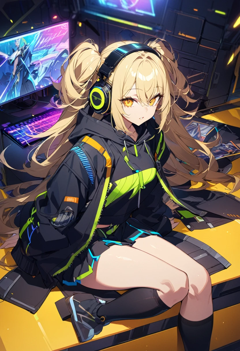 1 person、masterpiece、Highest quality、Beautiful woman、Golden Eyes、Blonde、Fluffy hair、Dark blue skirt、Futuristic clothing、Black hoodie、Headphones、Long black socks、neon、anime