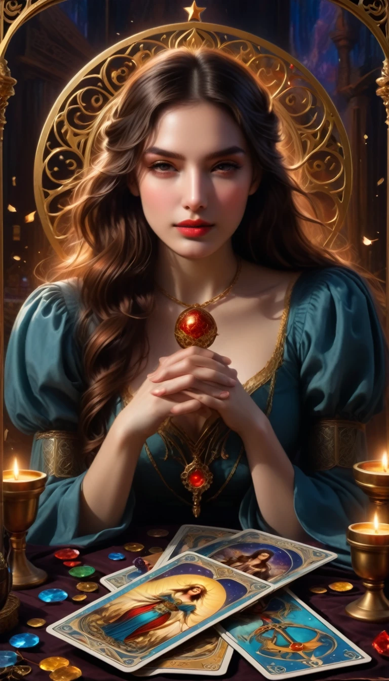 ((Masterpieces with up to 16K resolution):1.6),((soft_color_feet:)1.5), ((Ultra detali):1.4),((Cinematic stills and dynamic angles):1.3). | (Macro cinematography of tarot cards on a tarot table), (fortune teller reading tarot cards), (fortune teller'S Room), (Macro Lens), (fortune tellerの飾り), (Dark Candle), (Luminescent objects), (Mysterious atmosphere), (Glow Up), (Beautiful DnD Tumblr), (Visual experience),(realism), (Realistic),Award-winning graphics, Dark Shot, Film Grain, extremely detaileded, Digital Art, RTTX 10.0, Engine Unreal, Anti-glare effect scene concept, all ofを鮮明に捉える. | Rendered in Ultra-high definition with UHD and retina quality, this masterpiece ensures anatomical correctness and textured skin with super detailed. Focus on high quality and precision, This award-winning portrait、Capture every nuance with stunning 16K resolution, imergindo os espectadores em sua representação Realistic. | ((perfection_composition, perfection_project, perfection_Layout, perfection_detailed, Ultra_detaileded)), ((Improve_everyone, repair_all of)), Mais detaileds, Improve.