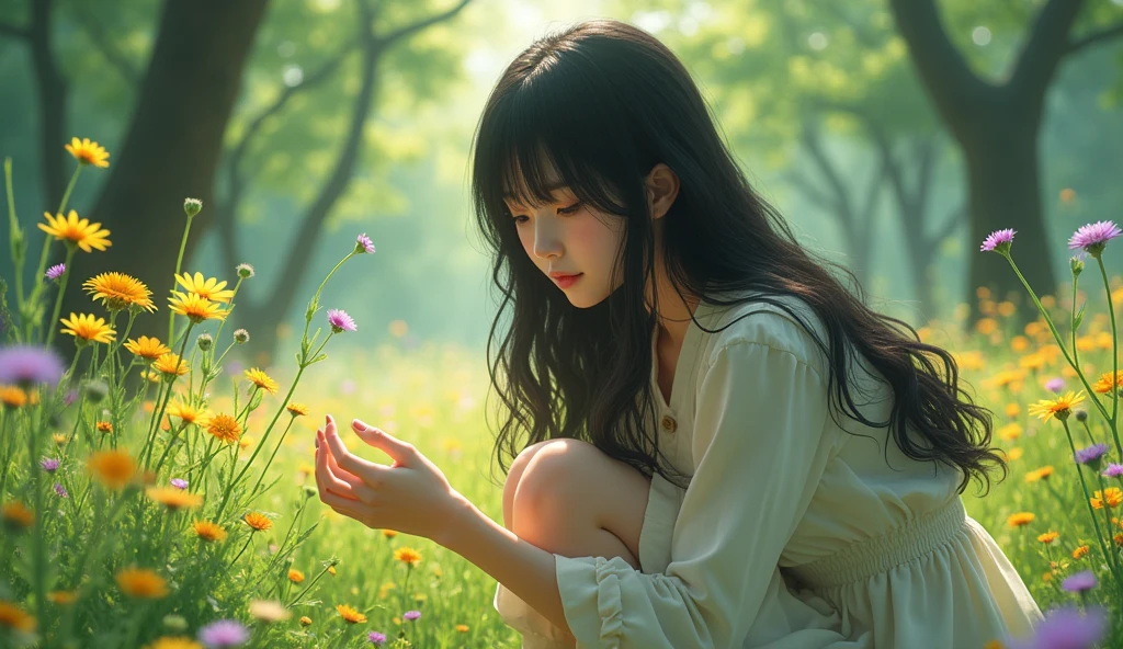 (best quality, masterpiece, ultra detailed, ultra high res, photorealistic, raw photo, absurdres, absolutely resolution), Again, in the forest, a teenage Japanese female idol is picking flowers. The camera focuses on her fingertips to emphasize the scent of the flowers.