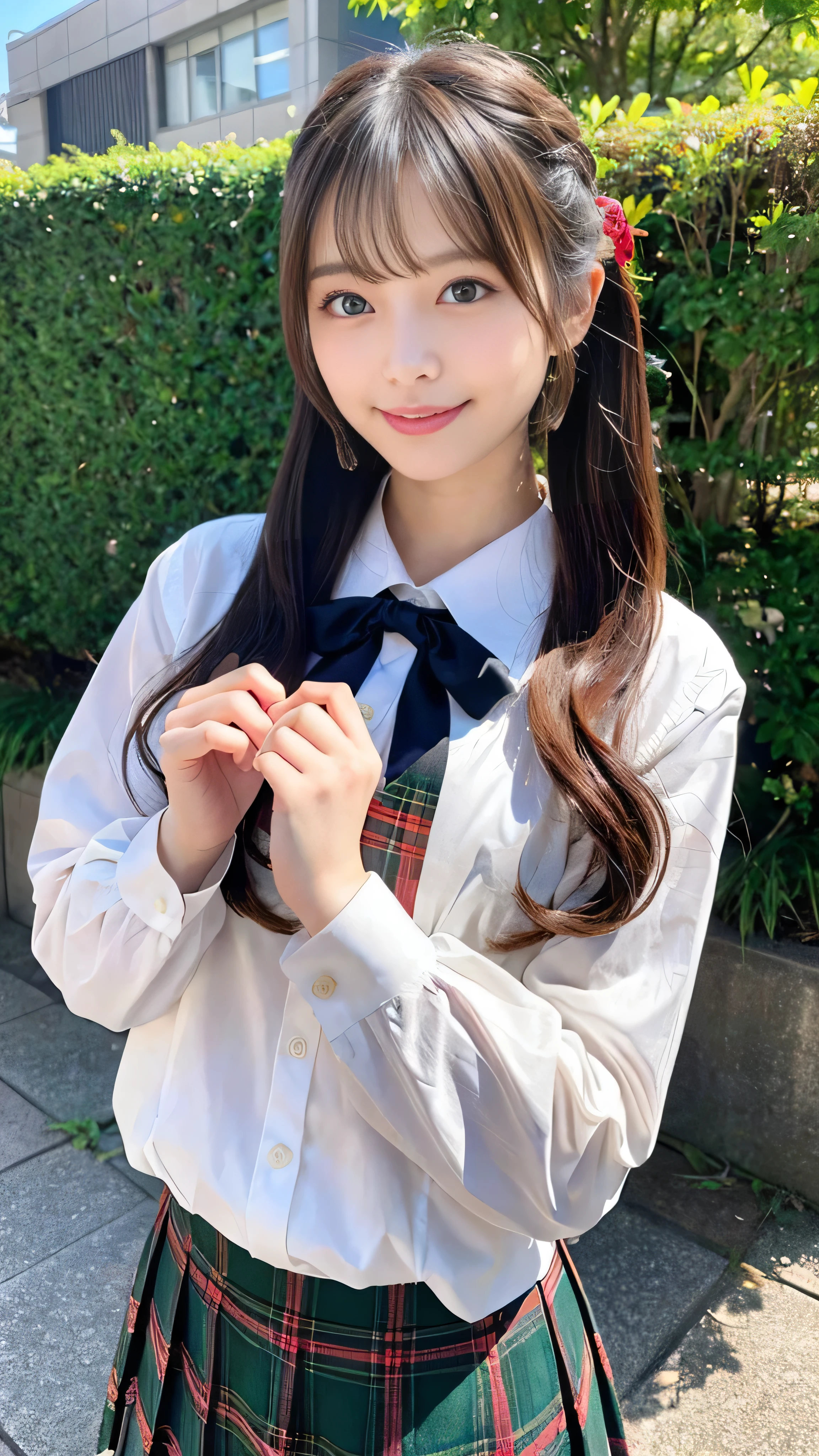 （３２hair,High resolution,Attention to detail,High resolution,high density,alone,In addition：1.3）,（A realistic person々,Live Action,fine grain,High resolutionの目,Beautiful Eyes,Eyes that look alive,Beautiful dark blue eyes,Fishing eyes,Detailed lips,Translucent white skin,Realistic face in every detail：1.3）,（Japanese Ido,hairorean Idols,Japanese Model,hairorean models,hairorean hair-Pop Female Idols：1.2）Super realistic high school girl,Super realistic high school girl,Twin tail hair,Sailor suit,Shirt,Tartan Check Skirt,A bow tie,Ribbon in hair,Japanese,Big eyes,A natural and gentle smile,Fair skin,Thin face,A gentle Japanese look,Beautiful Skin,Very stylish,There is wind,The sun is dazzling,Standing on a mountain with flower fields in full bloom,1６Year,A lovely smile,teeth,View your viewers,Perfect hands、Slanted Eyes、smile、Random Pause