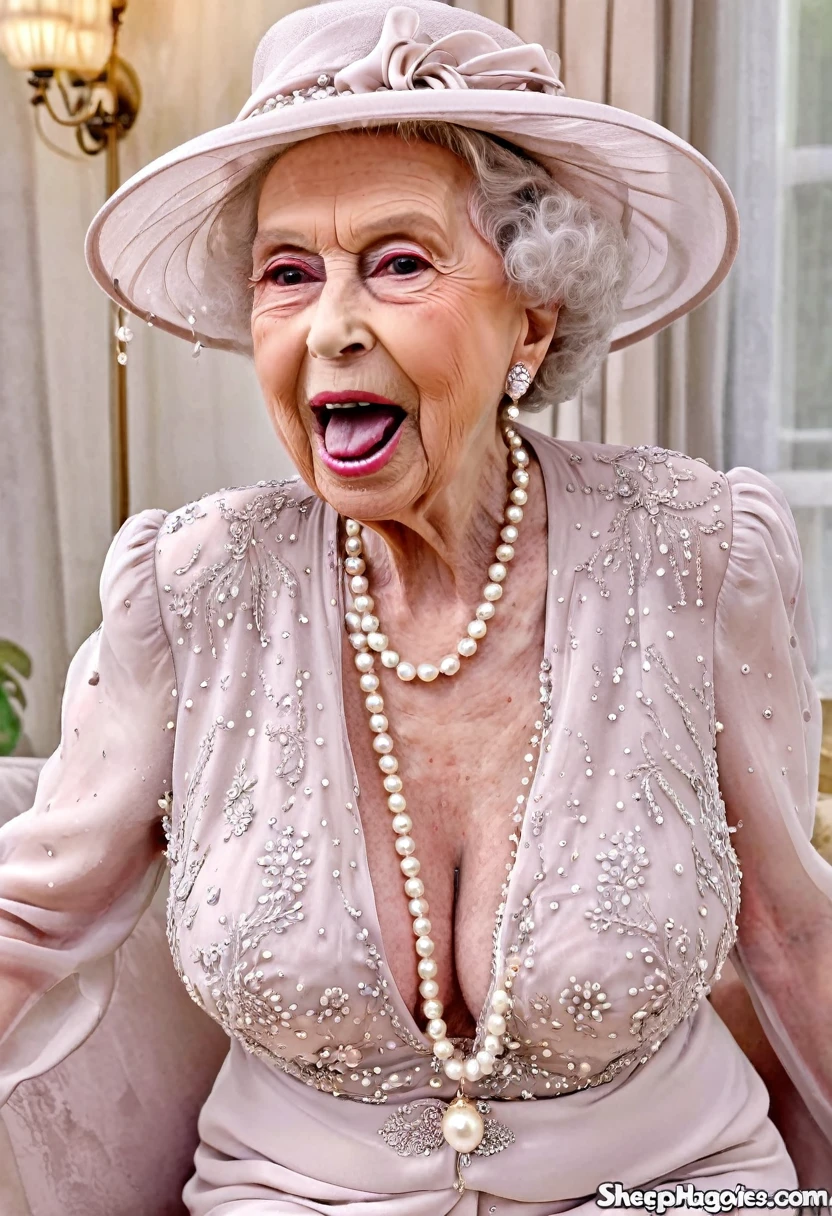 Penis, (((profile side))), facial cum, (deepthroat:1.6), Queen Elizabeth 90yo is covered in cum, kissing a penis, (in elegant color-coordinated sheer chiffon summer outfits:1.3), (gigantic saggy breast:1.3), (hat and pearls), full body