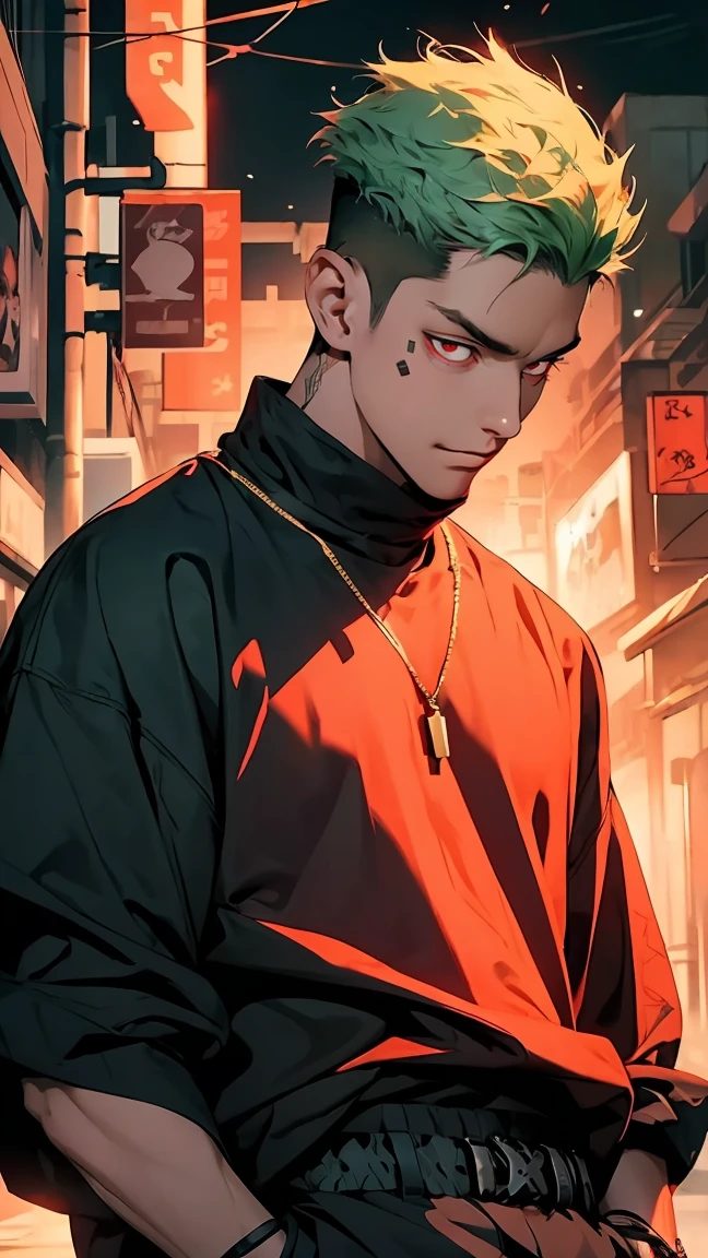 highest quality, 8K, high resolution image, anime style Jujutsu Kaisen, detailed strokes, bored look, blurry, purple light is reflected from it, 1 man, male, 27 year old man, handsome guy, cool guy, strong man, trained body, trained shoulder, multicolored background with various geometric shapes, around stickers, muscular, neon green hair, red eyes, short hairstyle: undercut, puffy chest. He wears shirt, and black sweatpants, his look is elegant but sloppy. He wears a long link chain around his neck, shaved body, hand in his pocket, gold link chain, background: city, street, cars, taxi, people,