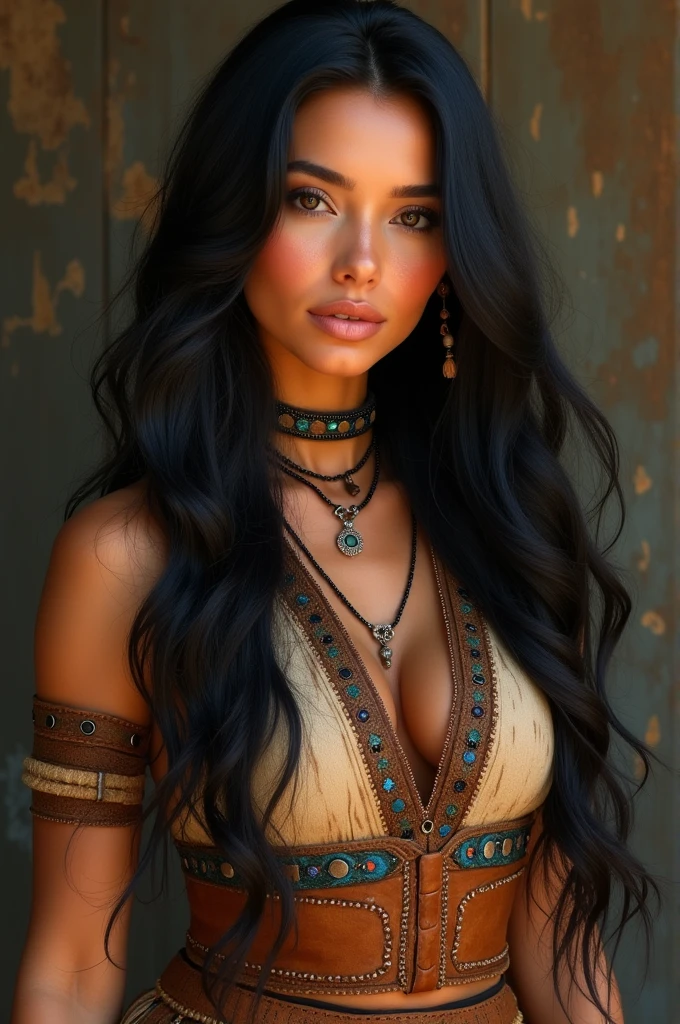 ((best quality)), ((masterpiece)), (detailed), perfect face, beautiful Native American woman, mid-30s, caramel-colored skin, long and flowing black hair. soft heart-shaped face, dark brown eyes, full lips, traditional Native American clothing, beadwork and soft leather, curvaceous figure
