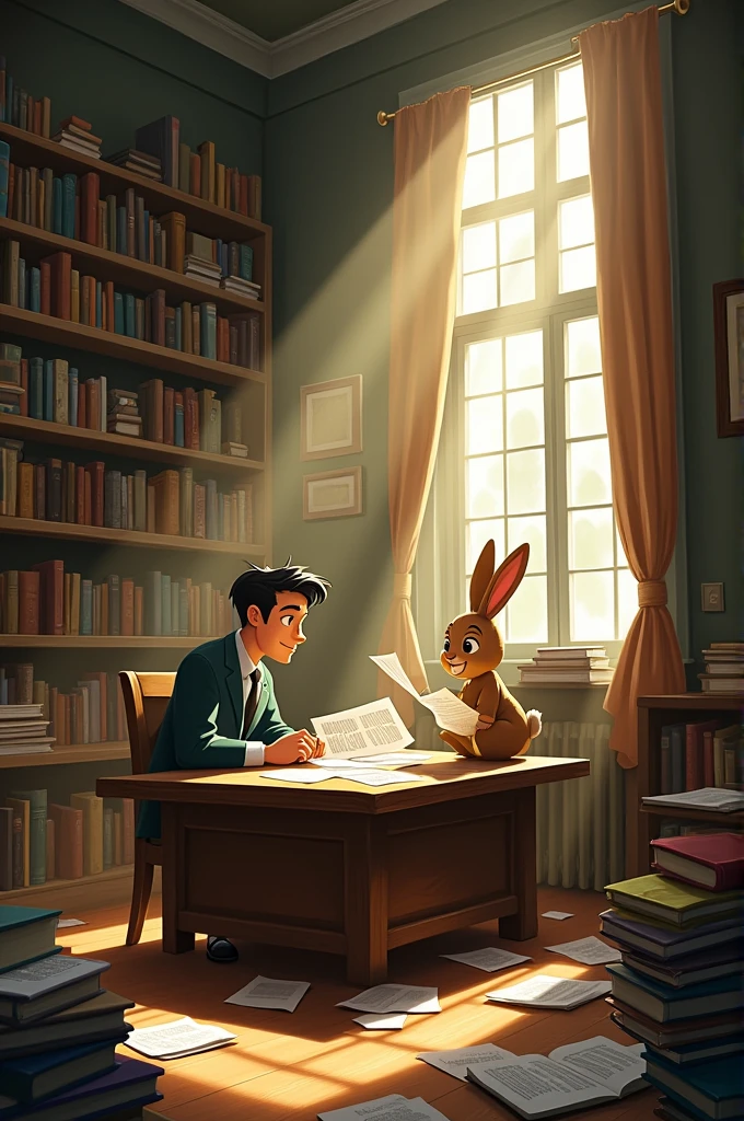 In cenematic character, money and his friend rabbit doing studies 
