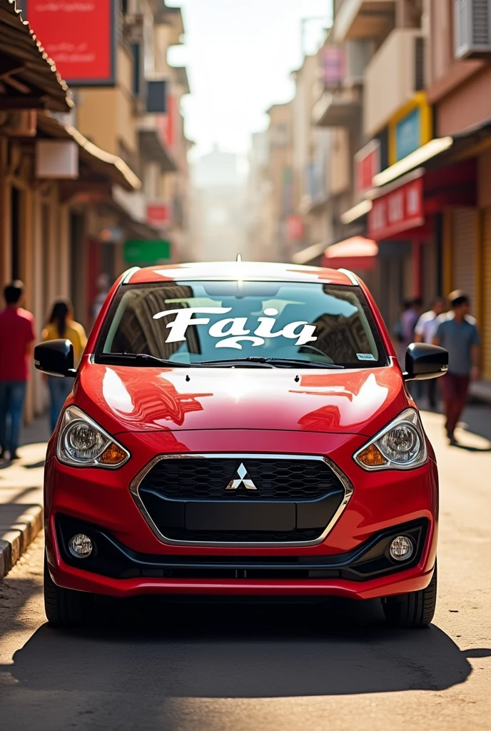 Red mitsubishi mirage hatchback with name faiq on top windscreen