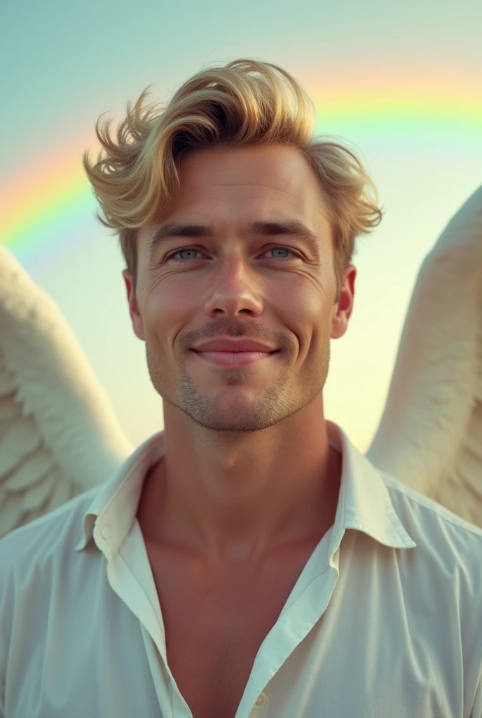 Blonde,White,Handsome young man in his 30s,Mysterious Face,Blue eyes that seem to be sucked in,Angel's wing,Enlarged image from above,A white shirt shows off your pectoral muscles,Hair is a little longer,No beard.,Kind Face,Healing Face、Facing forward and looking at the camera,Plump Cheeks,There is a rainbow in the background,Broad shoulders,Smiling a little,White skin