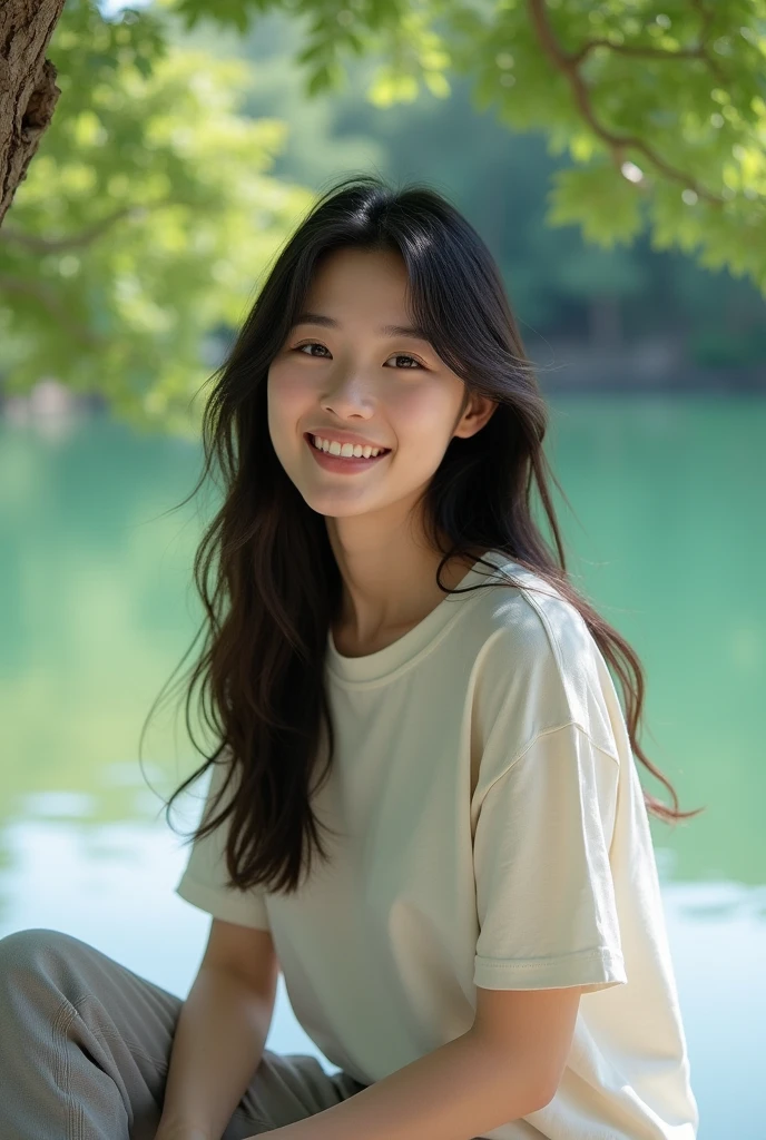 asian woman wearing ((oversized t-shirt)), , messy hair, long hair, very realistic, 4k, medium breasts, masterpiece, beautiful, facing the viewer, headshot, pale skin, white skin, ((nasolabial folds) ) , skin colored lipstick, DSLR RAW PHOTO, 8K, POV, canon 5d, 85mm, sitting by the lake under a tree.