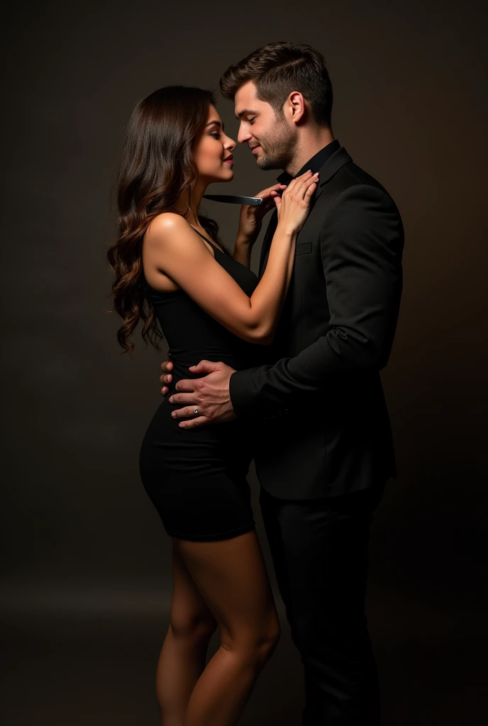 A beautiful woman wearing a black bodycon dress holding knife in her hands pointing it at a handsome man neck who is smiling mischievous at her his hands are on her waist he is looking at her with love filled eyes . She is having a stern expression and wearing black heels. He is looking straight into her eyes with love . The man is wearing black suit. She is having angry look
